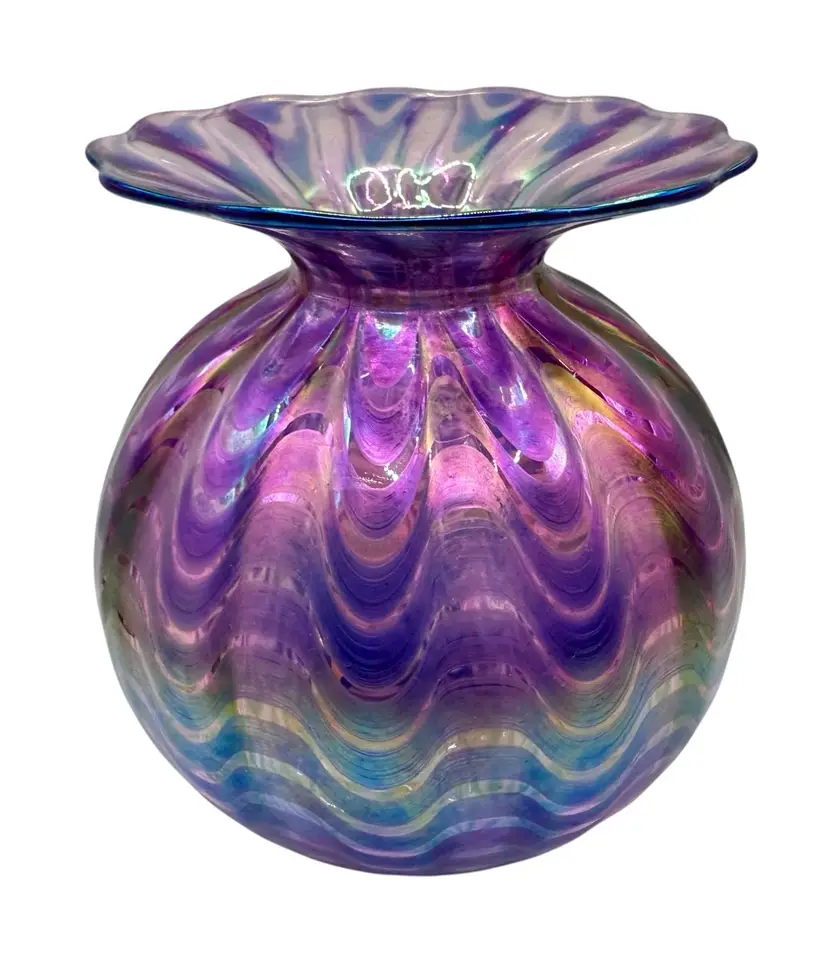 Vintage Glass Eye Studio Art Vase Iridescent Purple Pink Feather Unsigned 5.25”