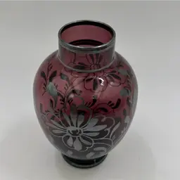 Vintage Amethyst Glass Vase With Silver Overlay Floral Pattern.