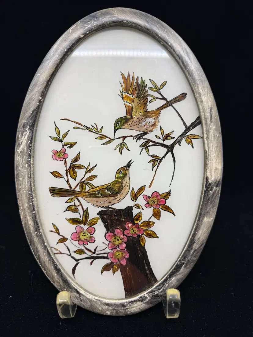 Vintage Framed Aluminum Foil Art, Birds On Floral Branches 10.5” Reverse Painted