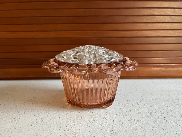 Vintage Hocking Glass "Open Lace" Pink Depression Glass Bowl W/Flower Frog