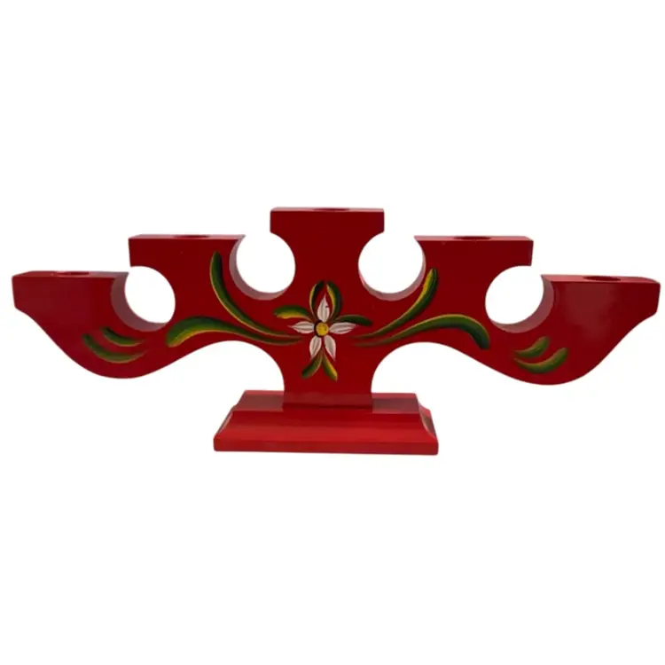 Vintage Red Painted Wood Scandinavian A-bra Slojd Varnamo Sweden 5 Candle Holder