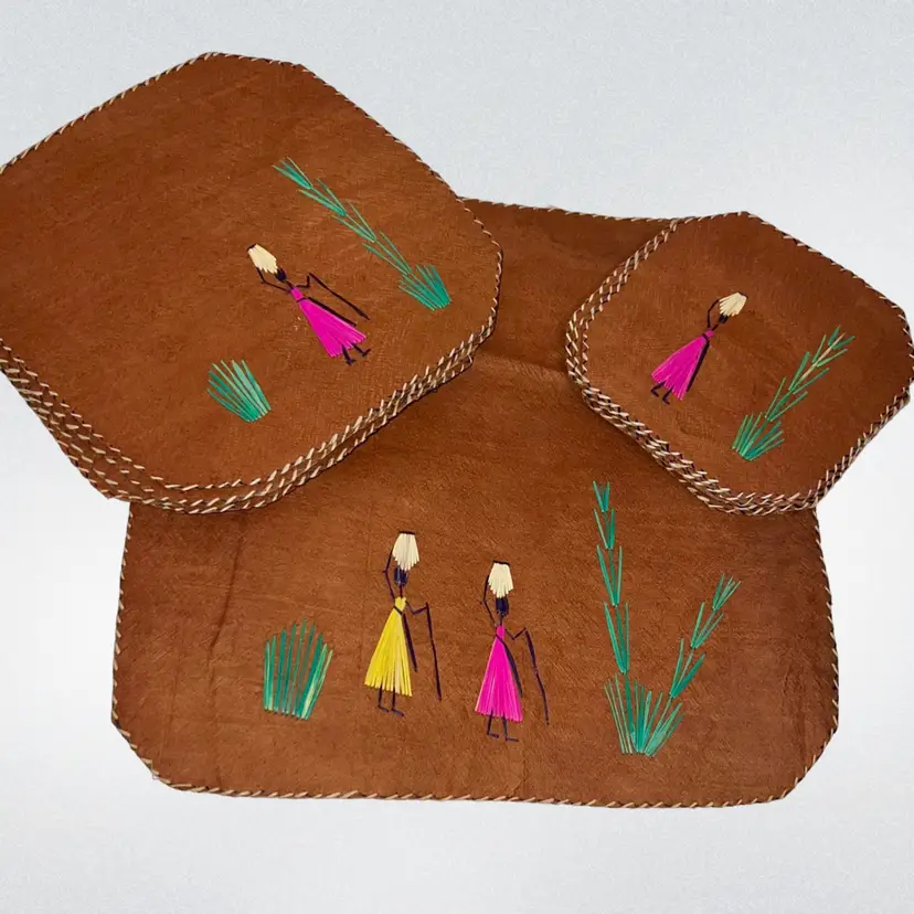 MARKDOWN! Super groovy coconut fiber placemats/coasters with African style needlepoint, Set Of 13