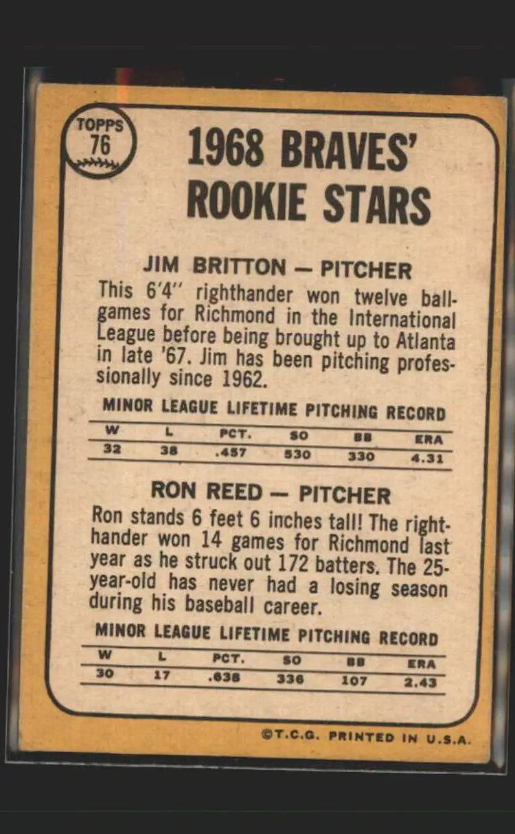 Braves 1968 Rookie Stars (Jim Britton / Ron Reed) 1968 Topps #76 - (140) - Atlanta Braves