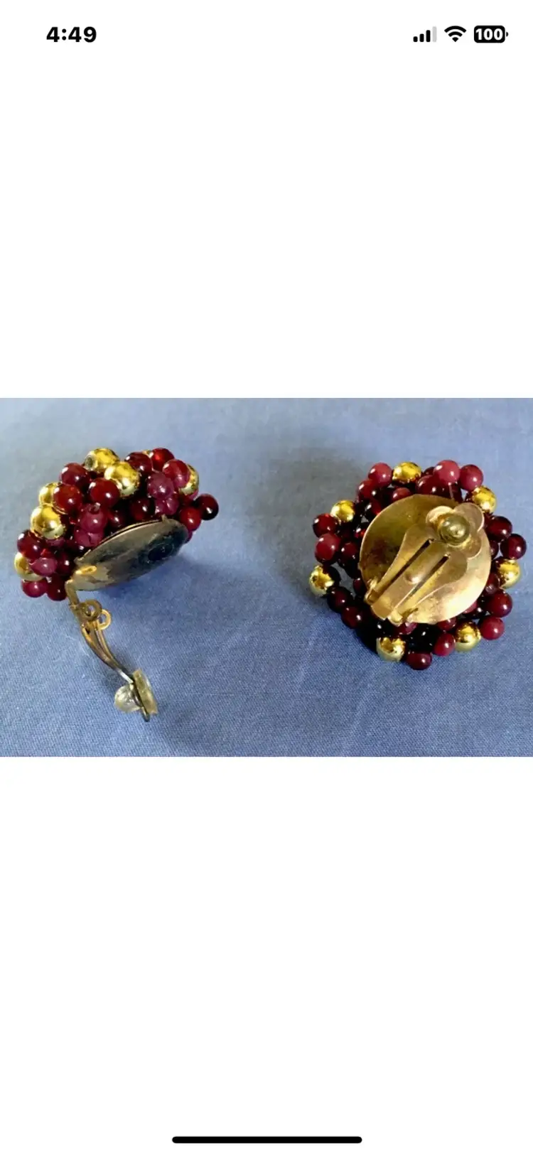 1960’s FRENCH KNOT BEAD CLUSTER CLIP ON EARRINGS BURGUNDY RED  & GOLD MCM #20