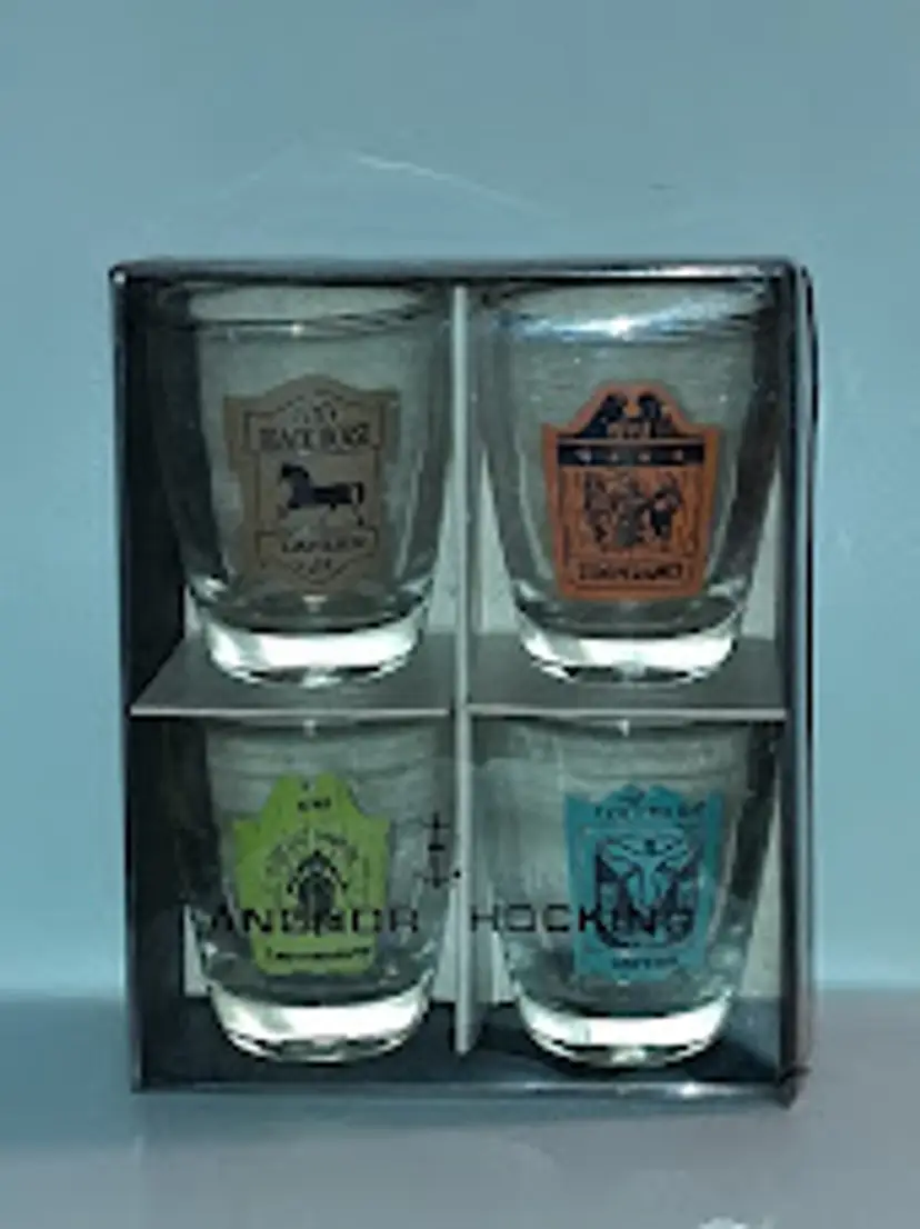 New Old Stock Anchor Hocking Bar/Tavern Themed Shot Glass Set of 4, Boxed