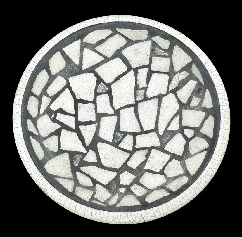 Signed Raku Studio Art Pottery Heavy Bowl Mosaic Grout Crackle Black White Gray