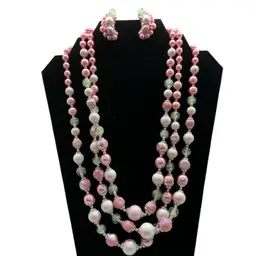 Vtg Pink Beaded 3 Strand Necklace and Matching clip on earrings Japan Jewelry