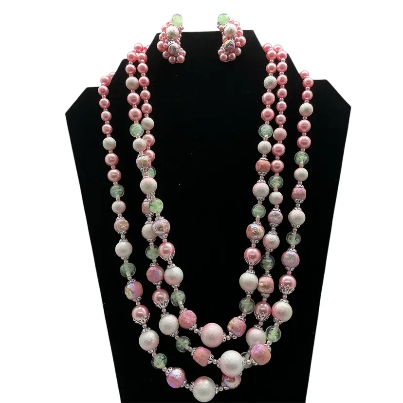 Vtg Pink Beaded 3 Strand Necklace and Matching clip on earrings Japan Jewelry