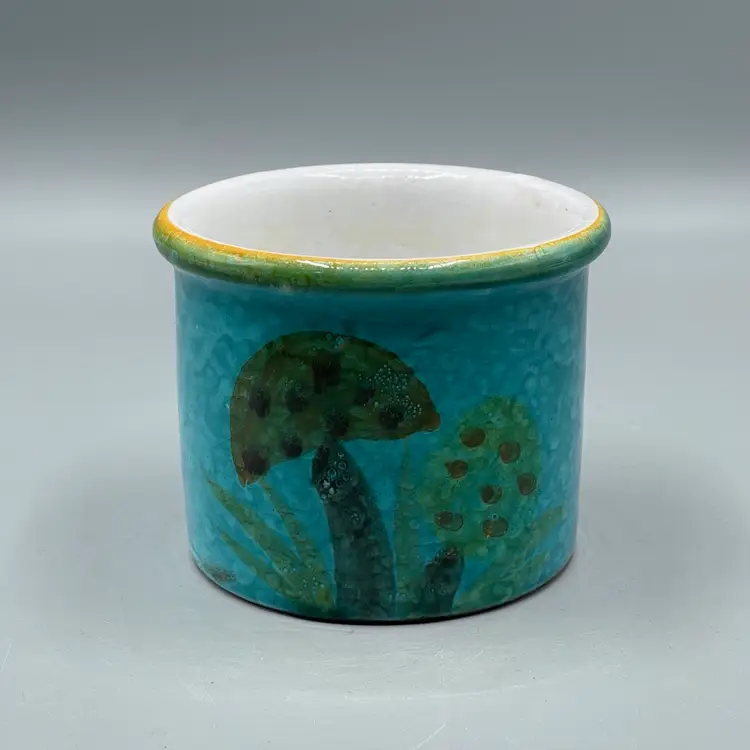 Vintage Mushroom Crock Jar Holder Italian Painted Pottery Stoneware Planter Blue