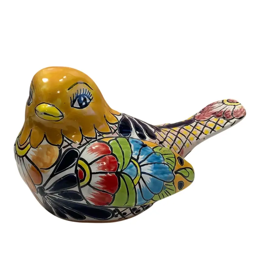 #2345.  7” Tall By 13” Long Extra Massive Large Colorful Hand Painted Talavera Garden Yellow Canary Or Warbler Bird Wall Red Clay Hand Crafted Figurine