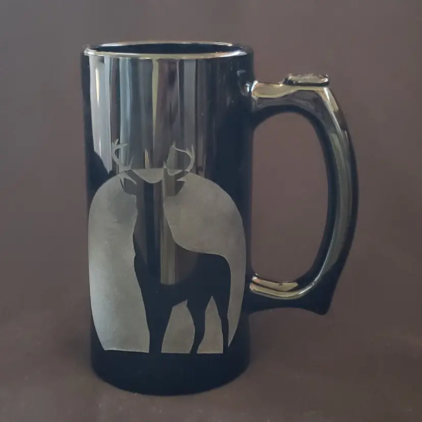 Black Glass Mug Etched Moon with Buck 5 1/2" Tall Unbranded Pressed