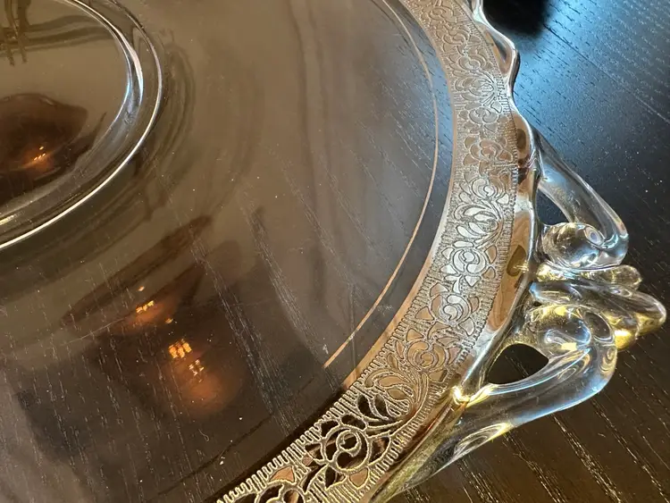 Depression Glass Serving Tray With Silver Overlay