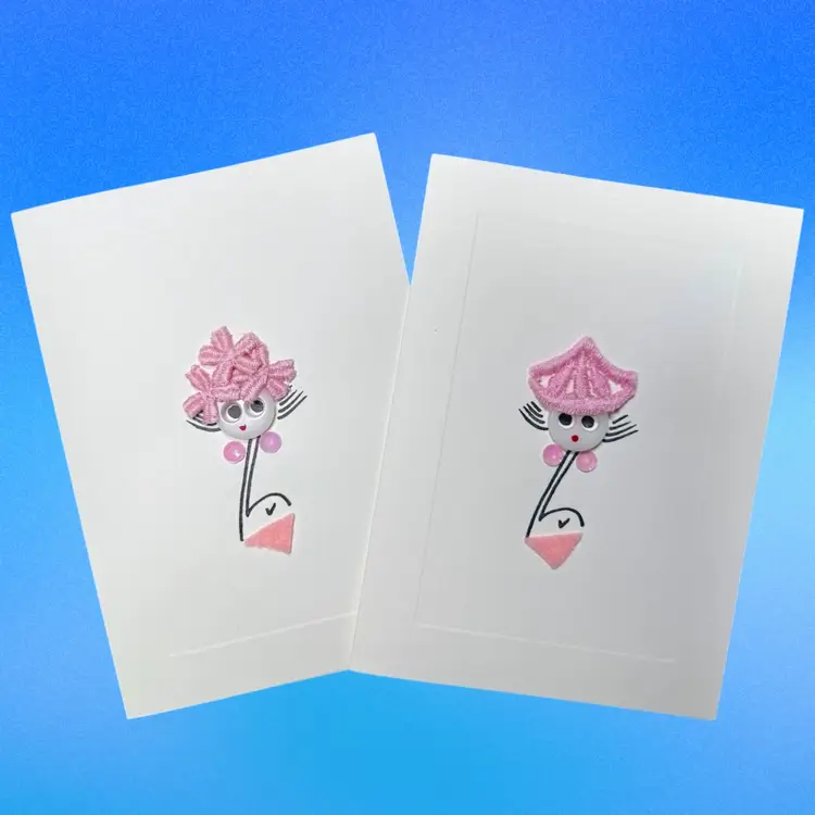 Set of 10 Greeting Cards, Handcrafted Fancy Hat Button Ladies w/ Envelopes