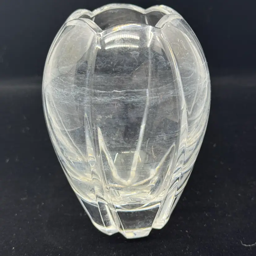 Rogaska crystal vase with a fluted rim and faceted base, Made In Slovenia