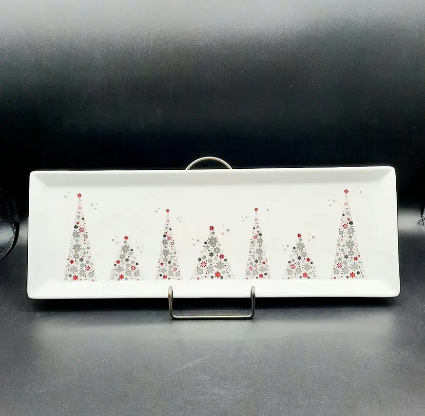 Food Network Linzer White Silver Red Christmas Tree Rectangle Tray