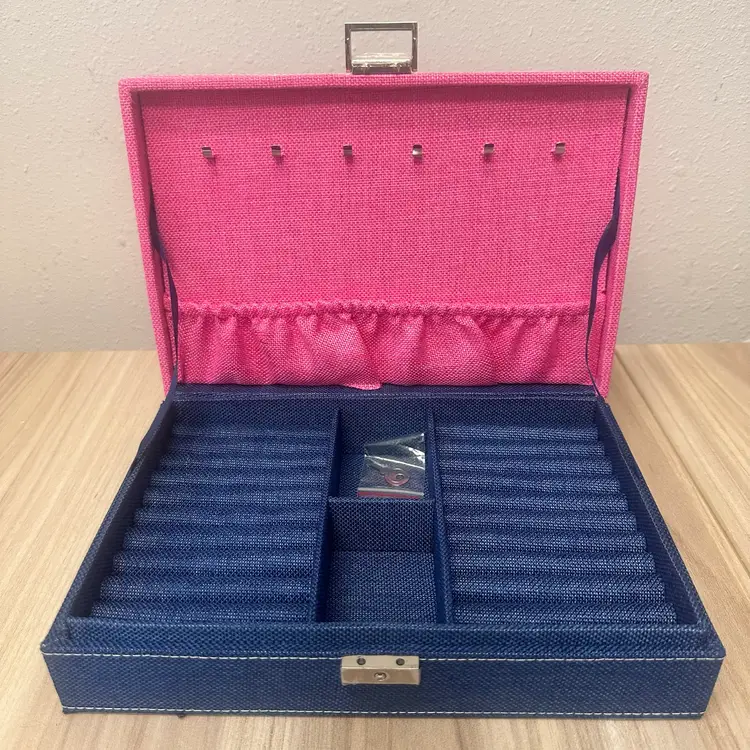 Blue & Pink Fabric Ring- Jewelry Box Organizer Silver tone Hardware W/Lock & Key