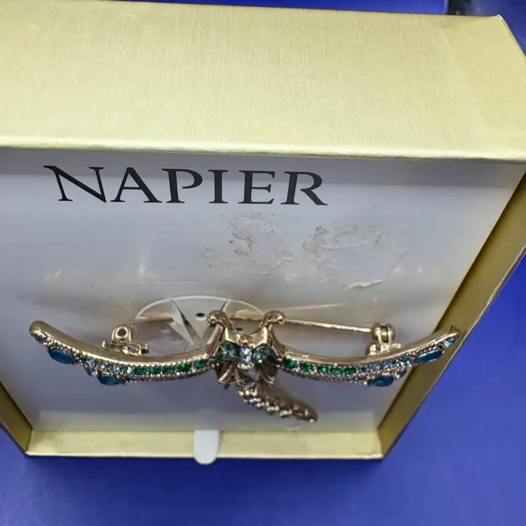 Napier Green And Blue Rhinestones Dragonfly On Gold Tone Brooch