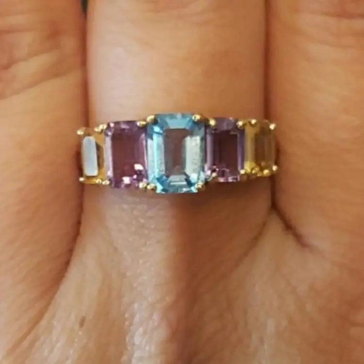 10k Yellow Gold 5 stone Emerald cut Gemstone Ring - Blue Topaz Amethyst Citrine
