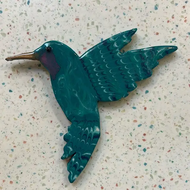 Hummingbird Cut Out Of MDF And Painted With Acrylic, Mica, And Epoxy;  7”x 8”x 1”