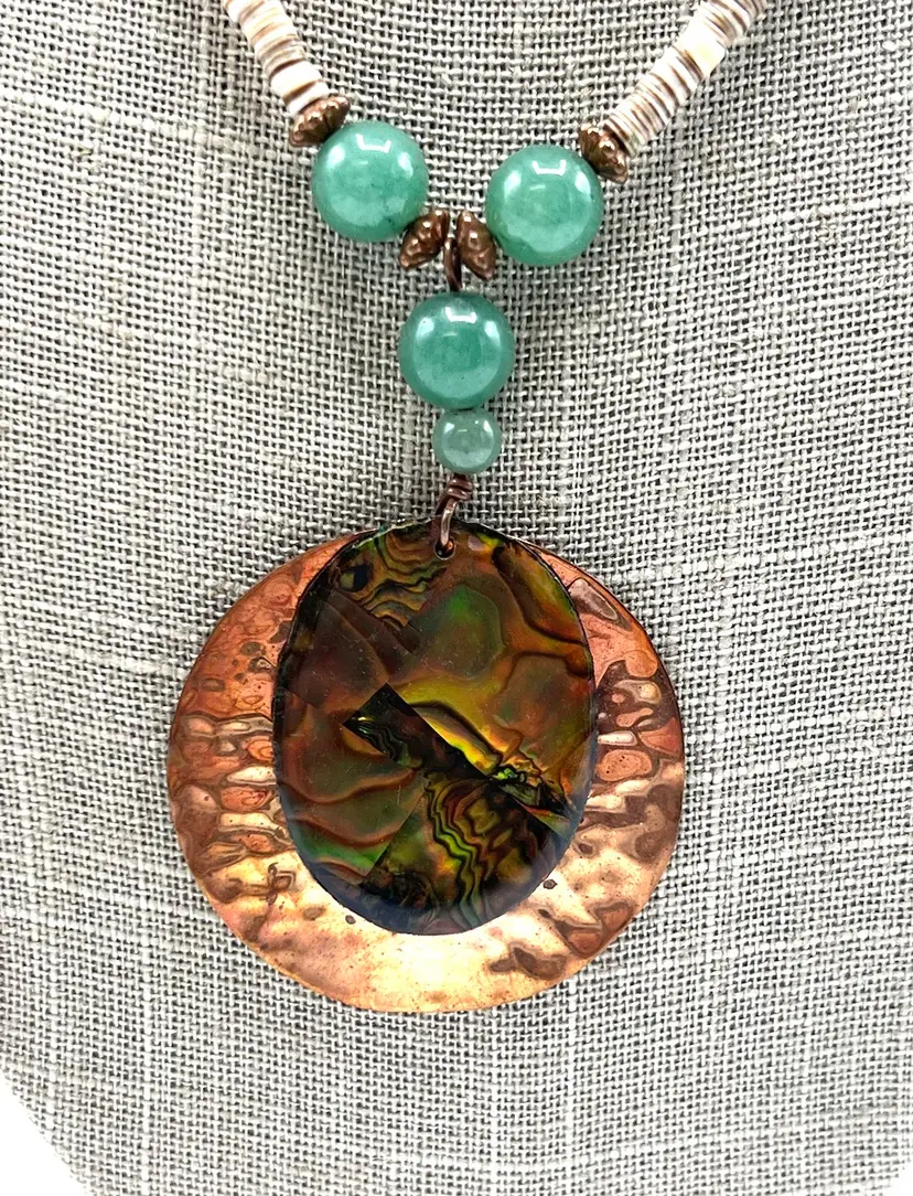 Copper Disc Pendant Necklace, Heishi Stations, Green Glass Stones, Boho Mixed Metal Pendant, Screw In Clasp, Mid Century Jewelry