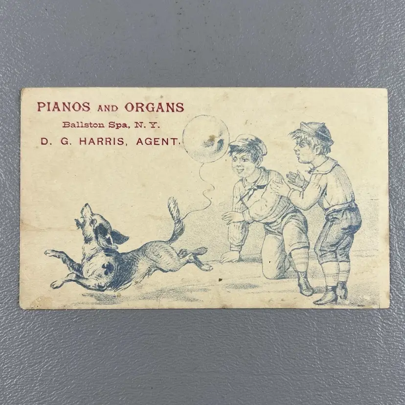 Victorian Trade Card Pianos And Organs Balston Spa NY Boys Playing With Dog 2.5x4"