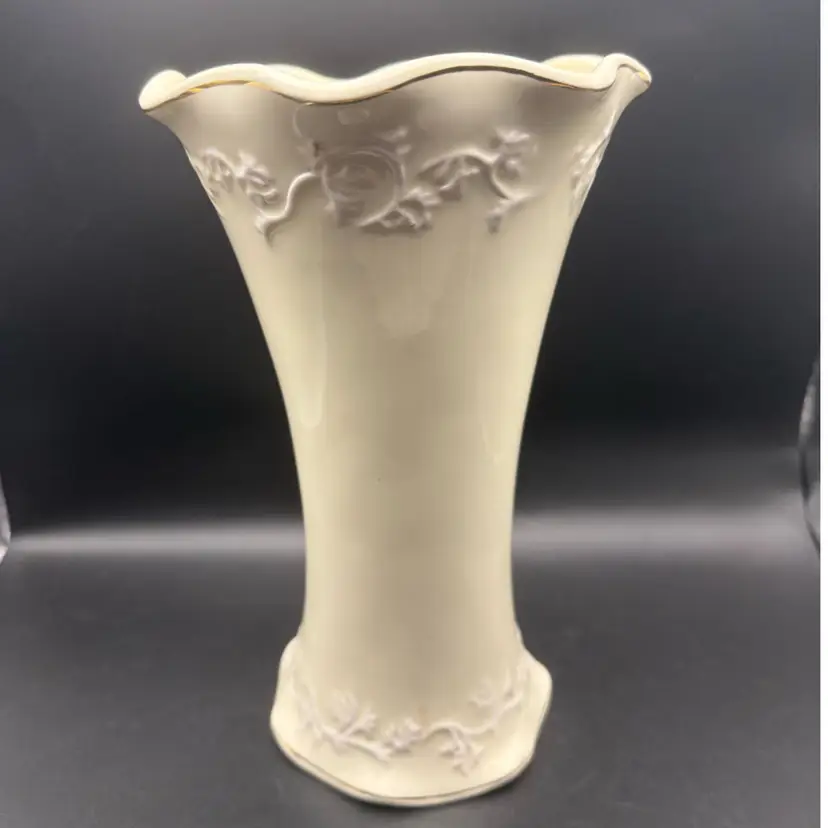 Cream Porcelain Vase With Embossed Scrolls And Gold Trim
