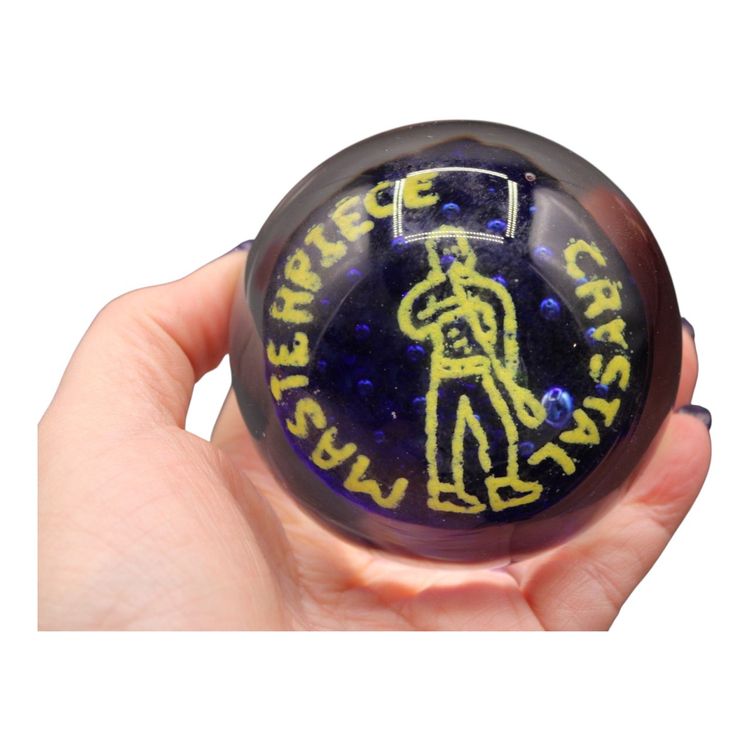 Cobalt Blue Masterpiece Crystal Signed JB Paperweight Yellow Glass Blower 2 1/2” Tall 1#4oz