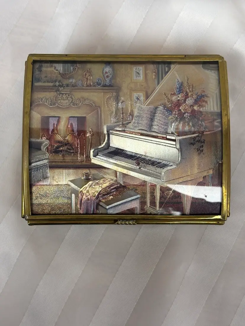 Vintage Brass Piano Trinket Jewelry Music Box Enesco Mexico "Greensleeves"