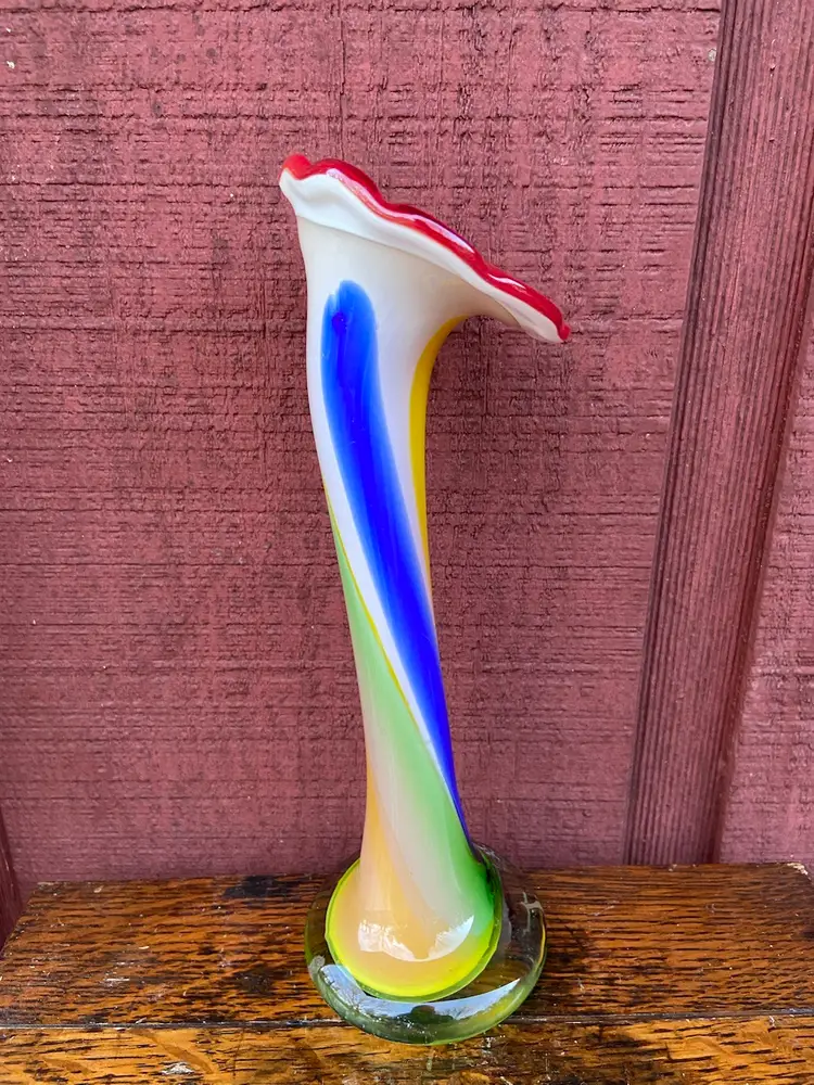 Colorful, Handblown Trumpet Vase. Unsigned.