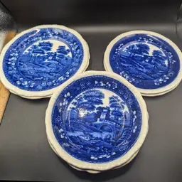 Vintage Lot of 7 Pieces Copeland Spode's Tower Blue Gadroon 3 Soup Bowls 2 Salad Dessert Plates 2 Bread Plates Old Mark