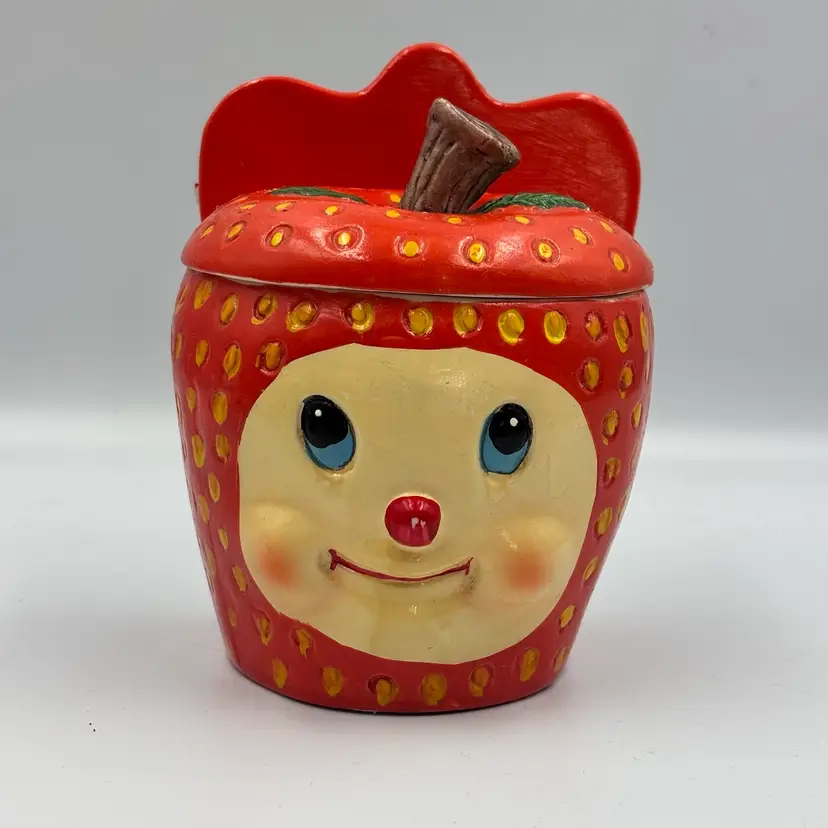 Anthropomorphic Strawberry Lidded Container Wall Pocket 5”