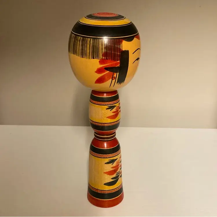 #2107 Vintage hand-painted wooden Kokeshi doll with traditional Japanese motifs Signed