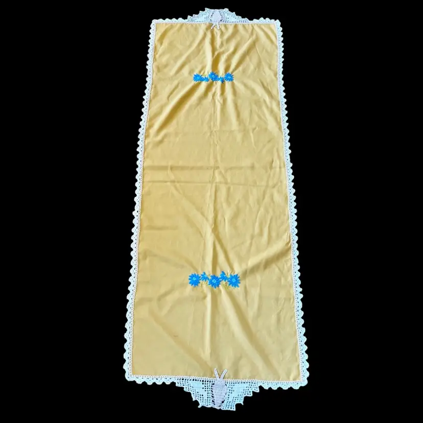 Golden Yellow Embroidered Blue Flower with Beetle/Scarab Table Runner Vintage 21”W x 58” L