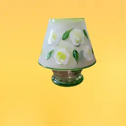 19. Yellow & White Frosted Hand Painted Rose Green Glass Hurricane Candle Lamp-unused-Vintage Candles,Home Decor