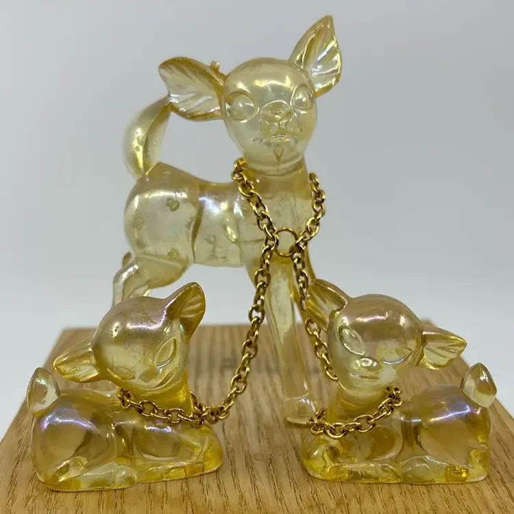 Kitsch Iridescent Yellow Lucite Chained Deer w/ 2 Fawns 4”