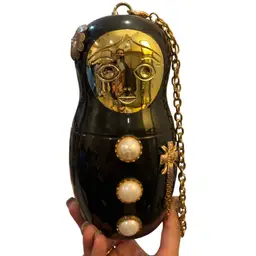 Russian Doll Black Acrylic Purse Faux Pearl Accents Handbag Versatile Vintage