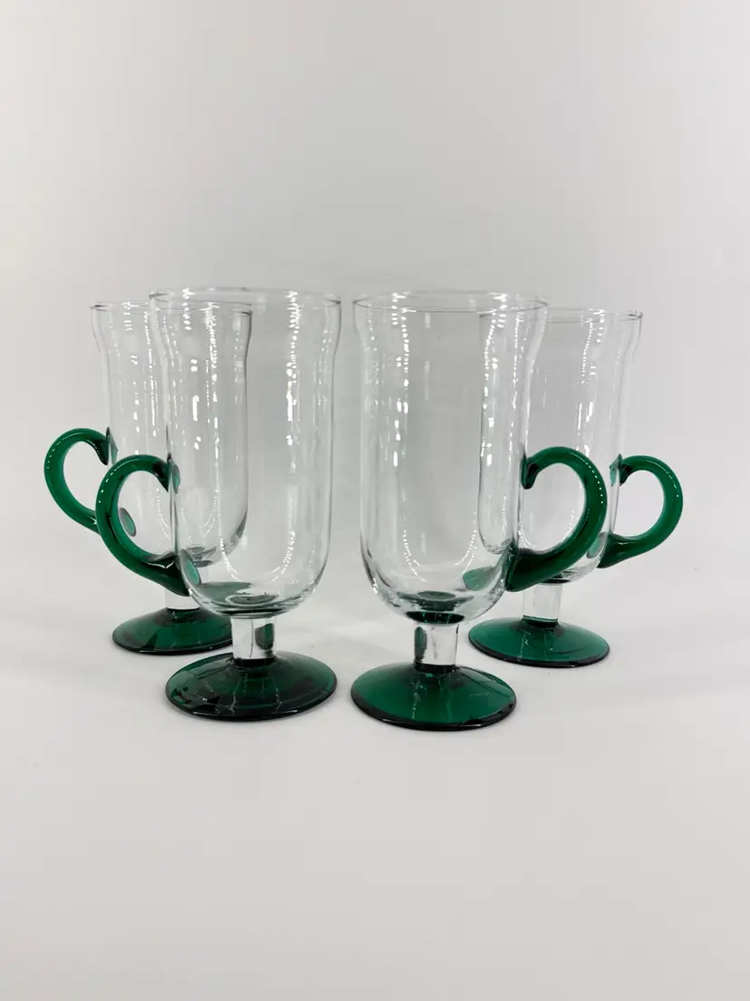 Vtg Pier 1 Imports Hand Blown Irish Coffee Mugs Applied Green Glass Handle & Pedestal With Original Stickers