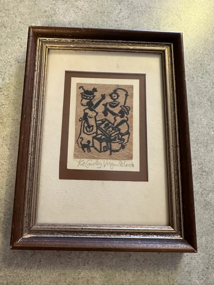 Screen print on coconut palm bark titled 'Virgin Islands' by Kit Cawley. Rare