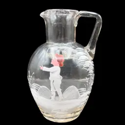 #156A Victorian Bohemian Blown Glass Pitcher with Mary Gregory Style Enameled Hand Painting of a Girl in White 
UV Glow Under 365 Black Light