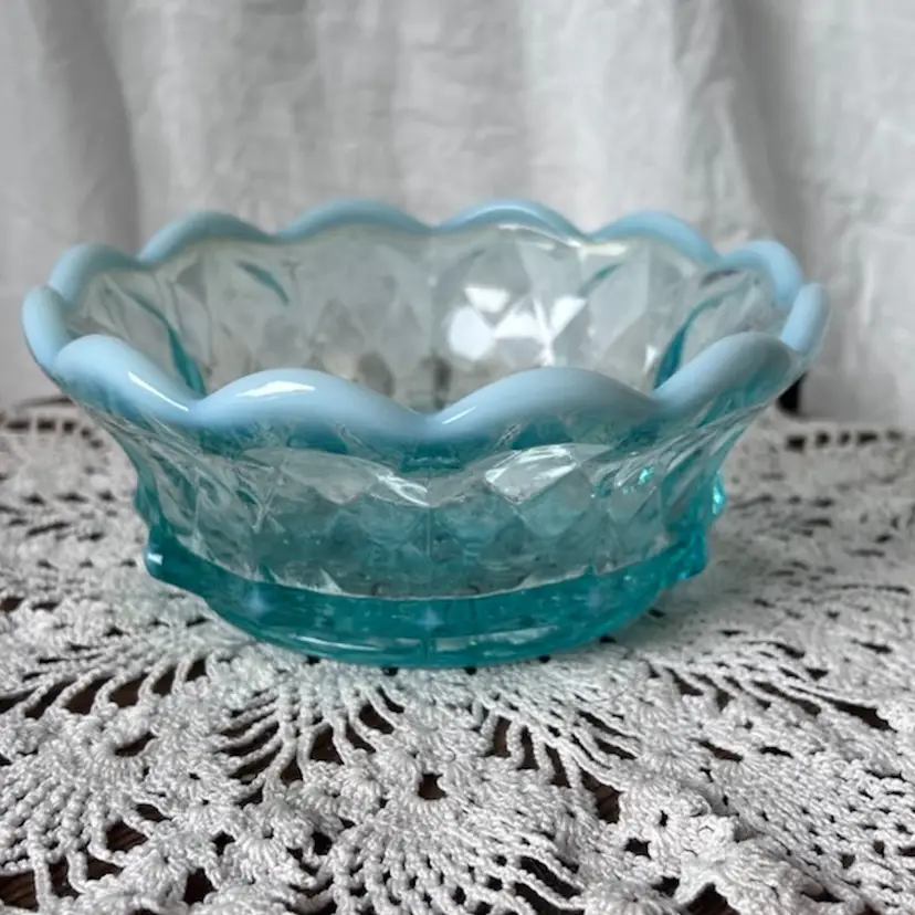 VINTAGE FENTON BLUE OPALESCENT GLASS BOWL FROM 1971-81