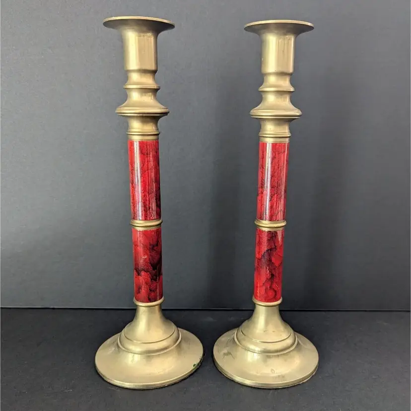 Set of 2 Vintage Brass & Red Marbled Enamel Candle Holders 10" Grandmillenial