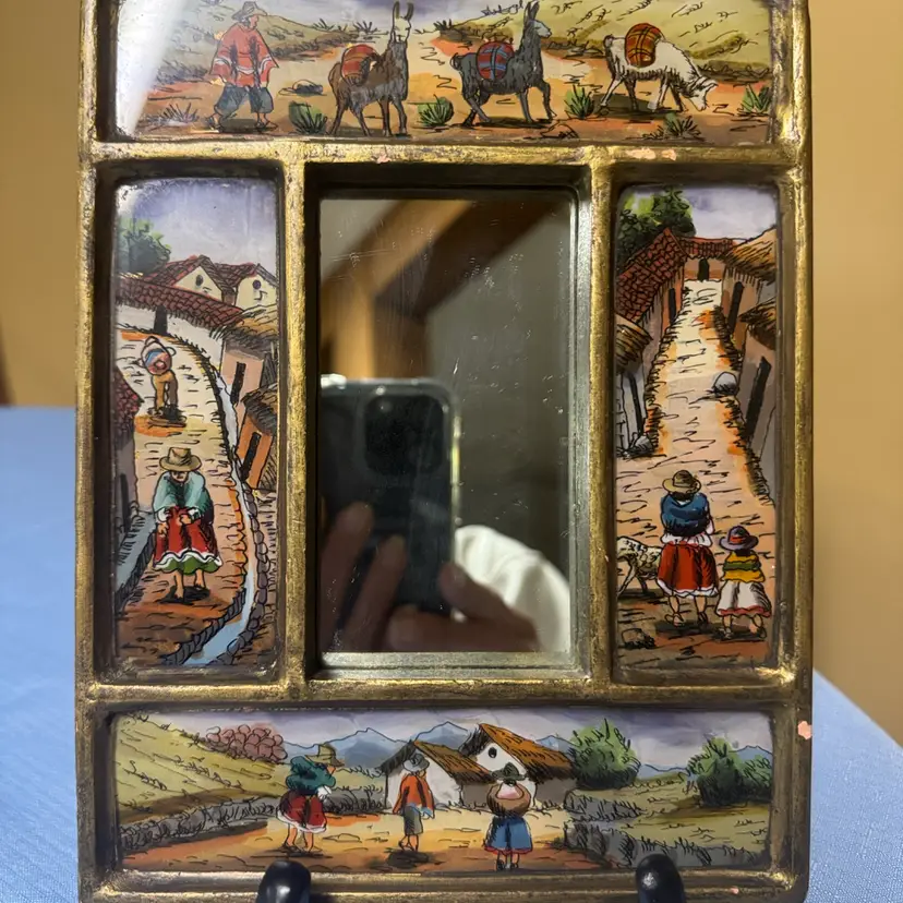 PERUVIAN FOLK ART REVERSE  PAINTED GLASS WALL MIRROR 8.25” x 6.25”