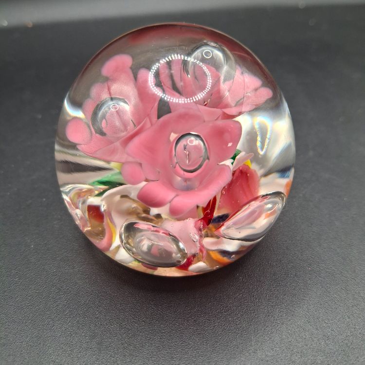 Handcrafted Glass Paperweight With Pink Trumpet Encased Floral Design