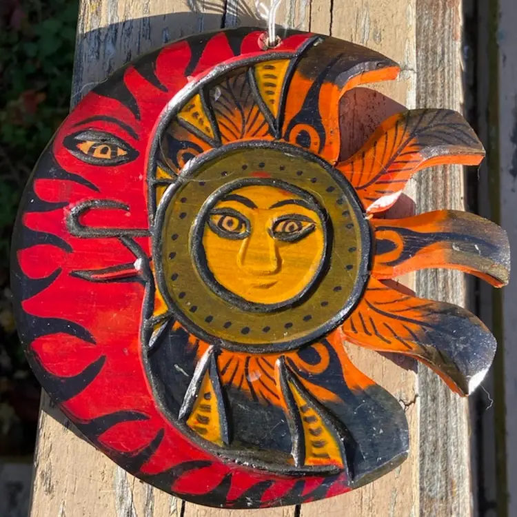 Sun & Moon Hanging Wall Decor. Hand-carved And Painted. Unsigned. 7”.