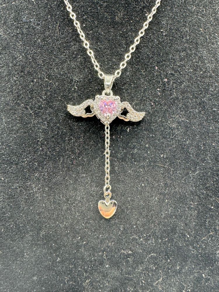 Pull Chain Articulated Angel Wings Pink Rhinestone Necklace 16” With 2” Extender