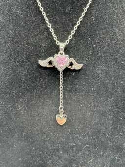 Pull Chain Articulated Angel Wings Pink Rhinestone Necklace 16” With 2” Extender