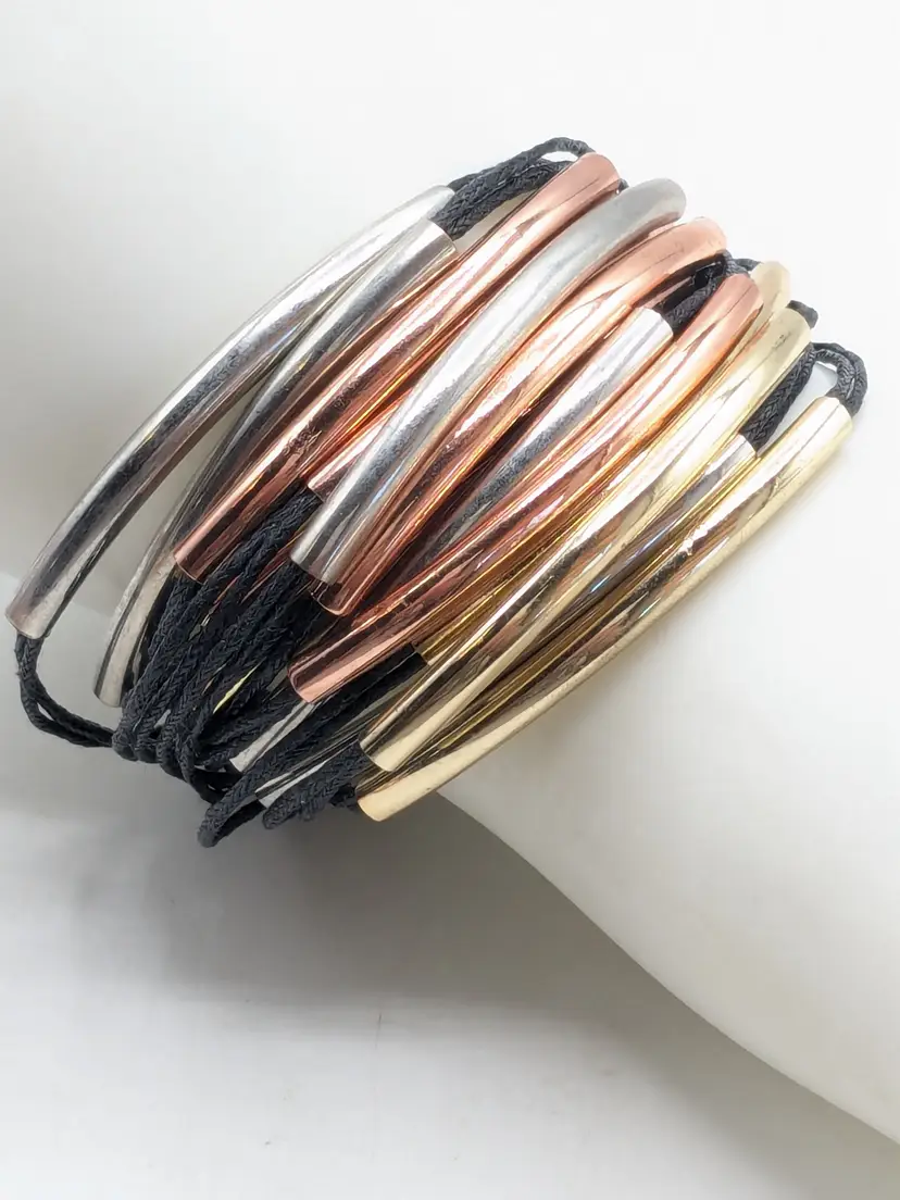 Bohemian Bangle Bracelet Gold Silver Rose Gold Tones Black Cord Multi Stranded