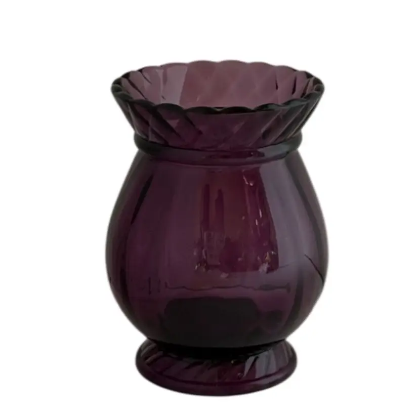 Vintage FENTON Amethyst Quilted Edge Ribbed Glass Vase 2019 Glows
5” T x 3-1/2” W