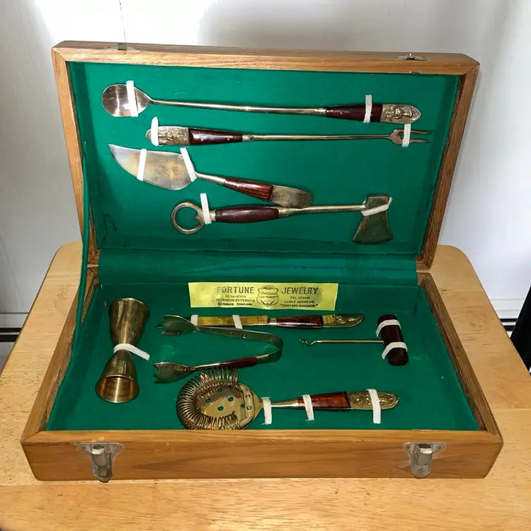 Vintage Thailand "SIAM" Brass and Wood 9 Piece Bar Utensil Tool Set w/Wooden Box