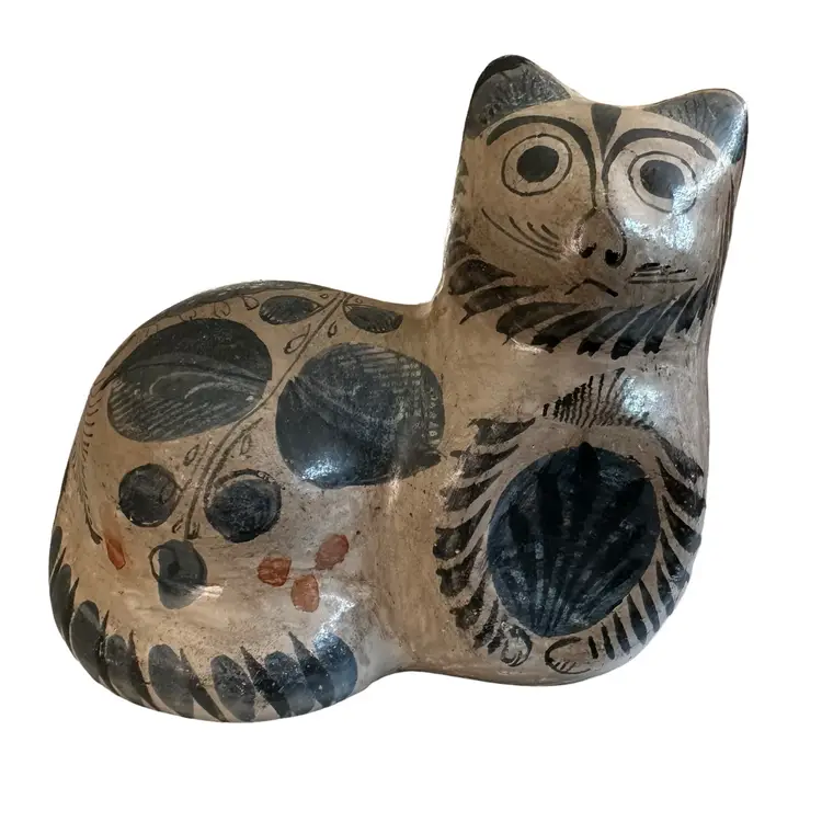 Vintage Tonala Mexican Hand Painted Clay Cat Figurine Circa 1970s